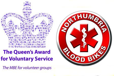 Northumbria Blood Bikes Logo alongside the Queen's Award for Voluntary Service Logo